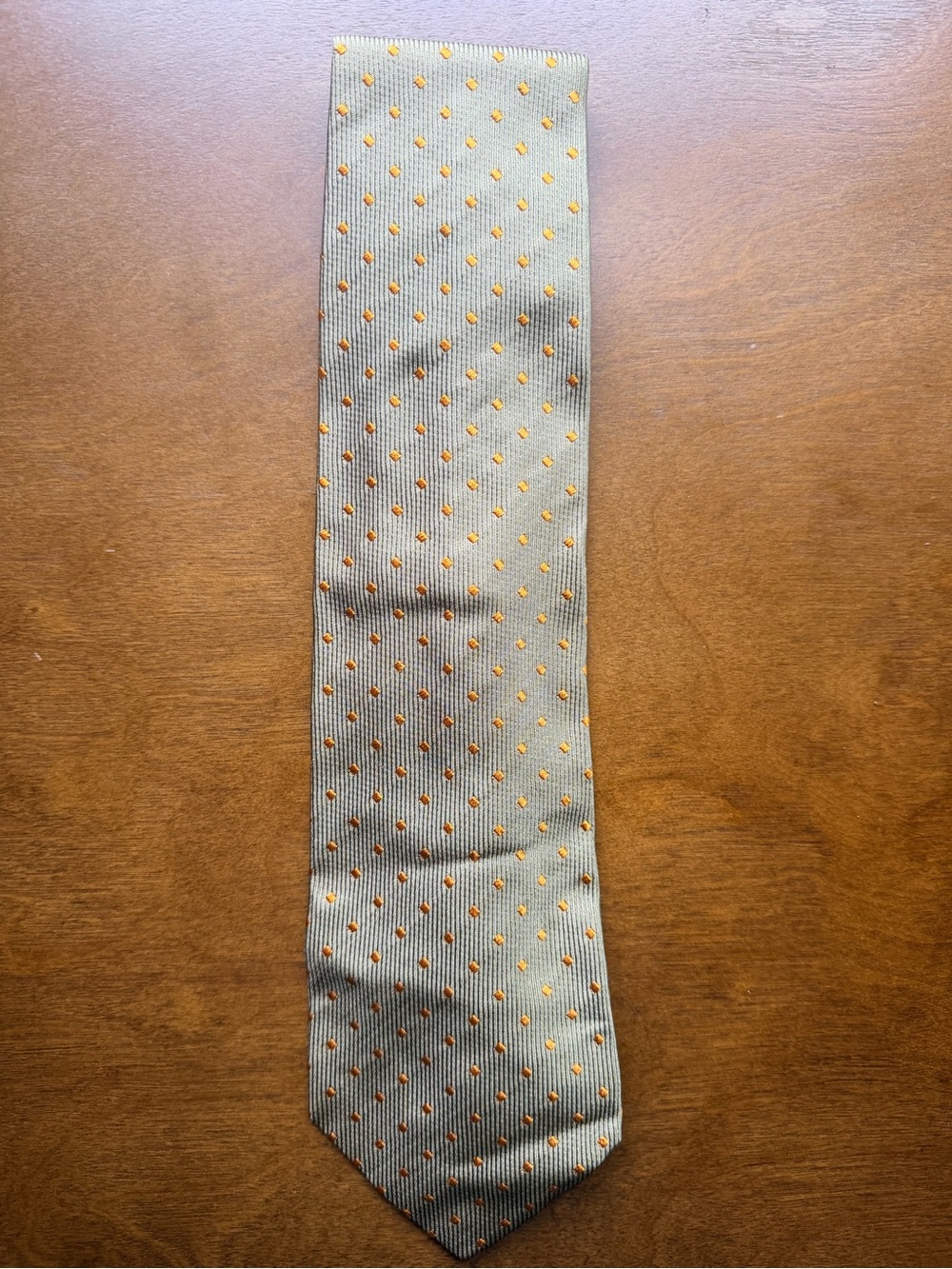 Men's 100% Silk Tie Green with Orange Dot Pattern